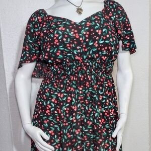 New Plus Size 2X Black Dress with Cherry Print